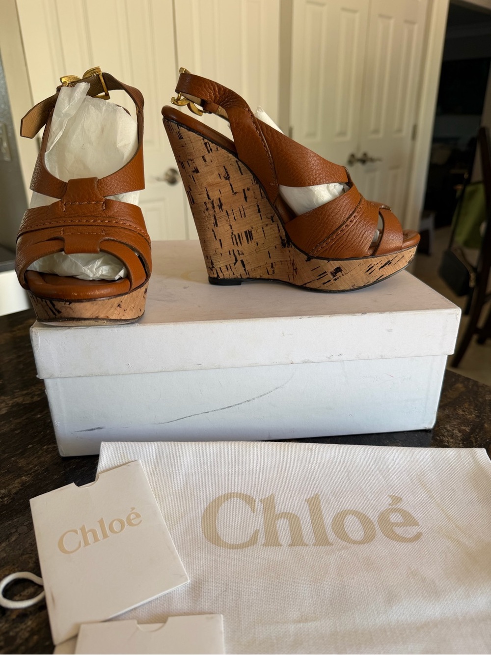 Chloé Tan Leather Cork Wedge Sandals
